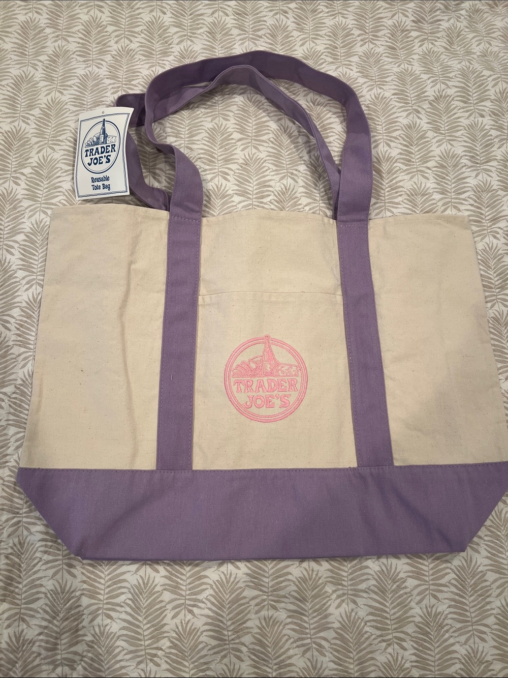 Large Trader Joe's Canvas Tote in Natural with Lavender Trim